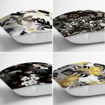 - Rh-K4luset570-1 - Realhomes 4'lü Siyah Zemin Üzerinde Gold Detaylı Yaprak Desenli Modern Yastık Kırlent Kılıf Seti Realhomes