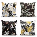 - Rh-K4luset570 - Realhomes 4'lü Siyah Zemin Üzerinde Gold Detaylı Yaprak Desenli Modern Yastık Kırlent Kılıf Seti Realhomes