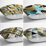 - Rh-K4luset571-1 - Realhomes 4'lü Beyaz Zemin Üzerinde Gold Detaylı Geometrik Desenli Modern Yastık Kırlent Kılıf Seti Realhomes