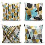 - Rh-K4luset571 - Realhomes 4'lü Beyaz Zemin Üzerinde Gold Detaylı Geometrik Desenli Modern Yastık Kırlent Kılıf Seti Realhomes