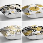 - Rh-K4luset572-1 - Realhomes  4'lü Beyaz Zemin Üzerinde Gold Detaylı Yaprak Desenli Modern Yastık Kırlent Kılıf Seti Realhomes