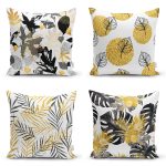 - Rh-K4luset572 - Realhomes  4'lü Beyaz Zemin Üzerinde Gold Detaylı Yaprak Desenli Modern Yastık Kırlent Kılıf Seti Realhomes