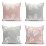 - Rh-K4luset580 - Realhomes 4'lü Renkli Zemin Üzerinde Yaprak Desenli Modern Yastık Kırlent Kılıf Seti Realhomes