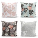 4'lü Renkli Zemin Üzerinde Yaprak Desenli Modern Yastık Kırlent Kılıf Seti Realhomes