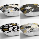 4'lü Renkli Zemin Üzerinde Gold Detaylı Yaprak Desenli Modern Yastık Kırlent Kılıf Seti Realhomes