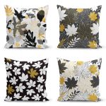 4'lü Renkli Zemin Üzerinde Gold Detaylı Yaprak Desenli Modern Yastık Kırlent Kılıf Seti Realhomes