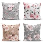 - Rh-K4luset585 - Realhomes  4'lü Rengarenk Zemin Üzerinde Çiçek Desenli Modern Yastık Kırlent Kılıf Seti Realhomes