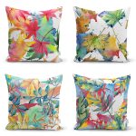 - Rh-K4luset586 - Realhomes  4'lü Beyaz Zemin Üzerinde Renkli Sonbahar Yaprak Desenli Modern Yastık Kırlent Kılıf Seti Realhomes
