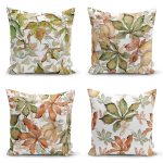 - Rh-K4luset587 - Realhomes 4'lü Beyaz Zemin Üzerinde Sonbahar Yaprağı Desenli Modern Yastık Kırlent Kılıf Seti Realhomes