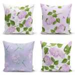 - Rh-K4luset588 - Realhomes 4'lü Renkli Zemin Üzerinde Ortanca Çiçeği Desenli Modern Yastık Kırlent Kılıf Seti Realhomes