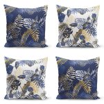 - Rh-K4luset589 - Realhomes  4'lü Renkli Zemin Üzerinde Gold Detaylı Yaprak Desenli Modern Yastık Kırlent Kılıf Seti Realhomes