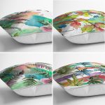 - Rh-K4luset592-1 - Realhomes 4'lü Beyaz Zemin Üzerinde Renkli Yaprak Desenli Modern Yastık Kırlent Kılıf Seti Realhomes