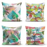 - Rh-K4luset592 - Realhomes 4'lü Beyaz Zemin Üzerinde Renkli Yaprak Desenli Modern Yastık Kırlent Kılıf Seti Realhomes