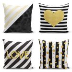 - Rh-K4luset593 - Realhomes 4'lü Beyaz Zemin Üzerinde Gold Detaylı Geometrik Desenli Modern Yastık Kırlent Kılıf Seti Realhomes