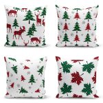 - Rh-K4luset598 - Realhomes 4'lü Ekose Desenli Çam Ağacı Motifli Yılbaşı Konsept Modern Yastık Kırlent Kılıfı Realhomes