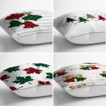 - Rh-K4luset599-1 - Realhomes 4'lü Ekose Temalı Çanlar Ve Çam Ağacı Yılbaşı Kombin Modern Yastık Kırlent Kılıfı Realhomes