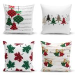 - Rh-K4luset599 - Realhomes 4'lü Ekose Temalı Çanlar Ve Çam Ağacı Yılbaşı Kombin Modern Yastık Kırlent Kılıfı Realhomes