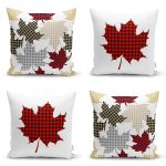 - Rh-K4luset601 - Realhomes 4'lü Yaprak Tasarımlı Ekoseli Yılbaşı Konsept Modern Yastık Kırlent Kılıfı Realhomes