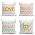 - Rh-K4luset604 - Realhomes 4'lü Beyaz Zemin Üzerinde Gold Detay Love Yazılı Modern Yastık Kırlent Kılıf Seti Realhomes