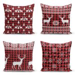 - Rh-K4luset605 - Realhomes  4'lü Yılbaşı Özel Tasarım Ekose Zeminli Geyik Ve Kar Taneleri Kombin Kırlent Kılıfı Realhomes