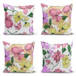 - Rh-K4luset607 - Realhomes 4'lü Beyaz Zemin Üzerinde Rengarenk Çiçek Desenli Modern Yastık Kırlent Kılıf Seti Realhomes
