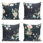 4'lü Siyah Zemin Üzerinde Çiçek Desenli Modern Yastık Kırlent Kılıf Seti Realhomes