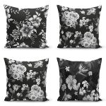 4'lü Siyah Zemin Üzerinde Çiçek Desenli Modern Yastık Kırlent Kılıf Seti Realhomes