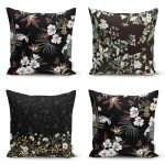 4'lü Siyah Zemin Üzerinde Çiçek Desenli Modern Yastık Kırlent Kılıf Seti Realhomes