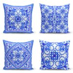 - Rh-K4luset613 - Realhomes 4'lü Beyaz Zemin Üzerinde Çini Desenli Modern Yastık Kırlent Kılıf Seti Realhomes