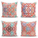 - Rh-K4luset614 - Realhomes  4'lü Beyaz Zemin Üzerinde Çini Desenli Modern Yastık Kırlent Kılıf Seti Realhomes