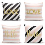 - Rh-K4luset615 - Realhomes 4'lü Beyaz Zemin Üzerinde Gold Detaylı Geometrik Desenli Modern Yastık Kırlent Kılıf Seti Realhomes