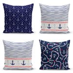 4'lü Renkli Zemin Üzerinde Denizci Desenli Modern Yastık Kırlent Kılıf Seti Realhomes