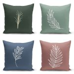 - Rh-K4luset619 - Realhomes 4'lü Renkli Zemin Üzerinde Onedraw Çizimli Yaprak Desenli Modern Yastık Kırlent Kılıf Seti Realhomes
