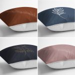 - Rh-K4luset620-1 - Realhomes 4'lü Renkli Zemin Üzerinde Onedraw Çizimli Yaprak Desenli Modern Yastık Kırlent Kılıf Seti Realhomes