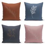 - Rh-K4luset620 - Realhomes 4'lü Renkli Zemin Üzerinde Onedraw Çizimli Yaprak Desenli Modern Yastık Kırlent Kılıf Seti Realhomes