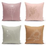 - Rh-K4luset621 - Realhomes  4'lü Renkli Zemin Üzerinde Onedraw Çizimli Yaprak Desenli Modern Yastık Kırlent Kılıf Seti Realhomes
