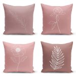 - Rh-K4luset622 - Realhomes 4'lü Renkli Zemin Üzerinde Onedraw Çizimli Yaprak Desenli Modern Yastık Kırlent Kılıf Seti Realhomes