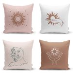 - Rh-K4luset623 - Realhomes 4'lü Renkli Zemin Üzerinde Onedraw Çizimli Modern Yastık Kırlent Kılıf Seti Realhomes