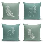 4'lü Renkli Zemin Üzerinde Onedraw Çizimli Yaprak Desenli Modern Yastık Kırlent Kılıf Seti Realhomes
