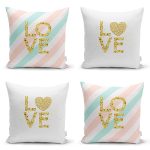 - Rh-K4luset626 - Realhomes 4'lü Beyaz Zemin Üzerinde Gold Detaylı Love Yazılı Modern Yastık Kırlent Kılıf Seti Realhomes
