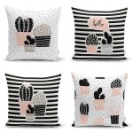 - Rh-K4luset627 - Realhomes 4'lü Beyaz Zemin Üzerinde Onedraw Çizimli Kaktüs Desenli Modern Yastık Kırlent Kılıf Seti Realhomes