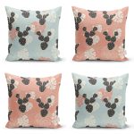 - Rh-K4luset628 - Realhomes 4'lü Renkli Zemin Üzerinde Yaprak Desenli Modern Yastık Kırlent Kılıf Seti Realhomes