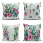 4'lü Renkli Zemin Üzerinde Kaktüs Desenli Modern Yastık Kırlent Kılıf Seti Realhomes