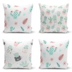 - Rh-K4luset631 - Realhomes 4'lü Beyaz Zemin Üzerinde Kaktüs Desenli Modern Yastık Kırlent Kılıf Seti Realhomes