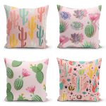 - Rh-K4luset632 - Realhomes 4'lü Renkli Zemin Üzerinde Kaktüs Desenli Modern Yastık Kırlent Kılıf Seti Realhomes