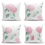 - Rh-K4luset634 - Realhomes 4'lü Beyaz Zemin Üzerinde Ortanca Çiçeği Desenli Modern Yastık Kırlent Kılıf Seti Realhomes