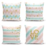 4'lü Renkli Zemin Üzerinde Gold Detaylı Geometrik Çizimli Modern Yastık Kırlent Kılıf Seti Realhomes