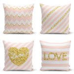 4'lü Renkli Zemin Üzerinde Gold Detaylı Love Yazılı Modern Yastık Kırlent Kılıf Seti Realhomes