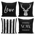 - Rh-K4luset730 - Realhomes 4'lü Siyah Zeminde Mermer Tasarımlı Dekoratif Yastık Kırlent Kılıfı Seti Realhomes