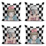 - Rh-K4luset863 - Realhomes 4'lü Damalı Zeminde Pop-Art Kız Tasarımlı Modern Yastık Kırlent Kılıfı Seti Realhomes
